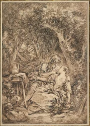 愛好家は驚きました（Annette et Lubin）、1760年代初頭（茶色と黒チョーク、茶色のウォッシュのタッチ）